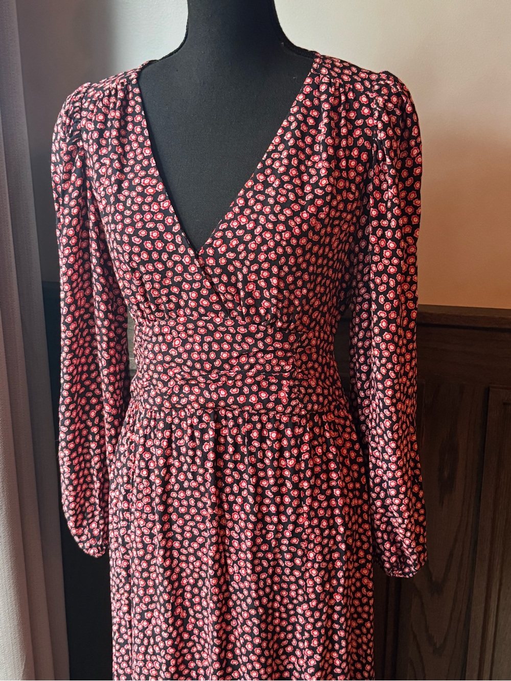 Leith navy, red, pink Floral Long Sleeve V-Neck Midi Dress small - Picture 2 of 11